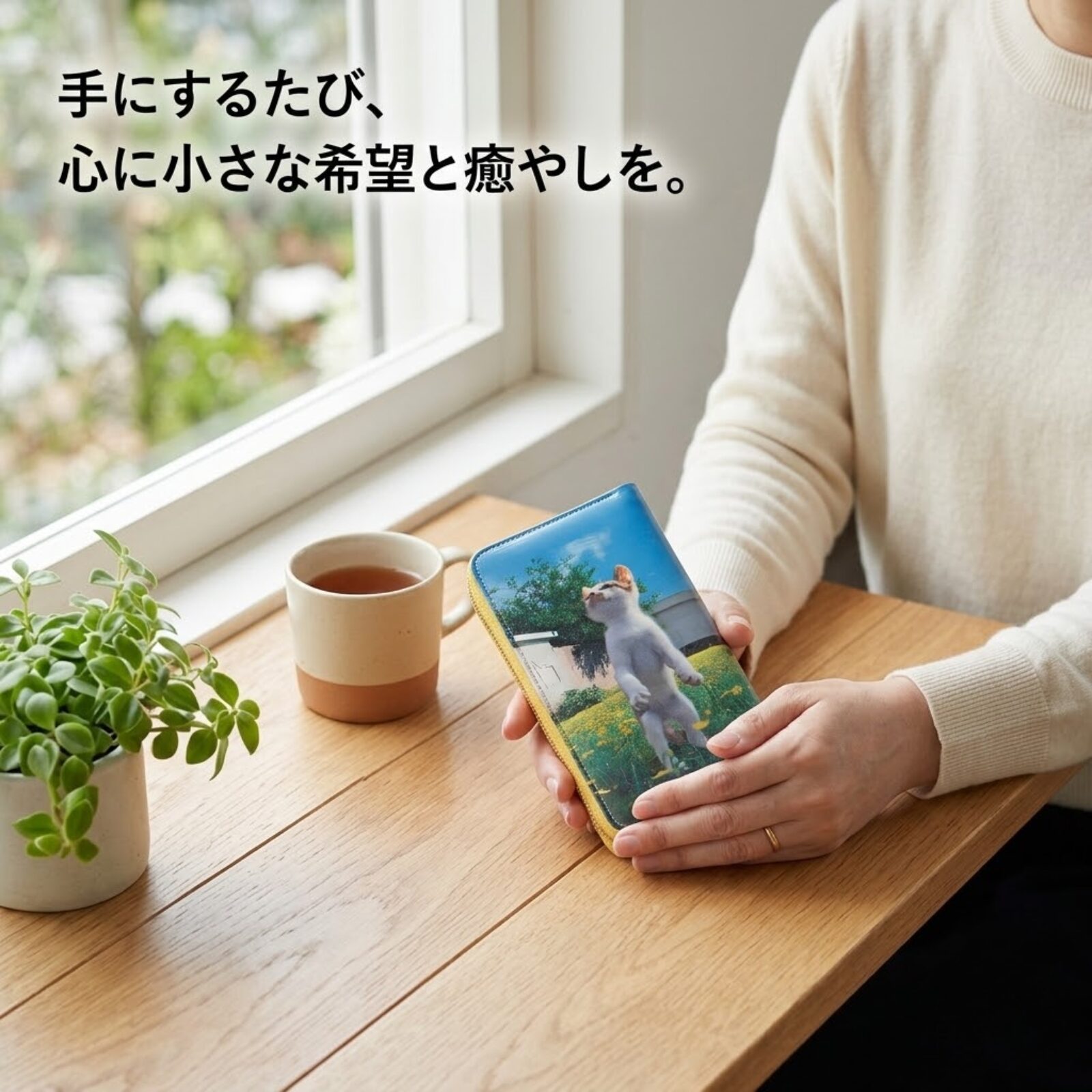 立ち猫ラウンド札入れの使用イメージ